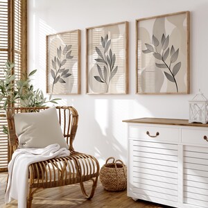 set of 3 Botanical line art abstract hallway wall prints,  plant line art on a beige and white abstract background