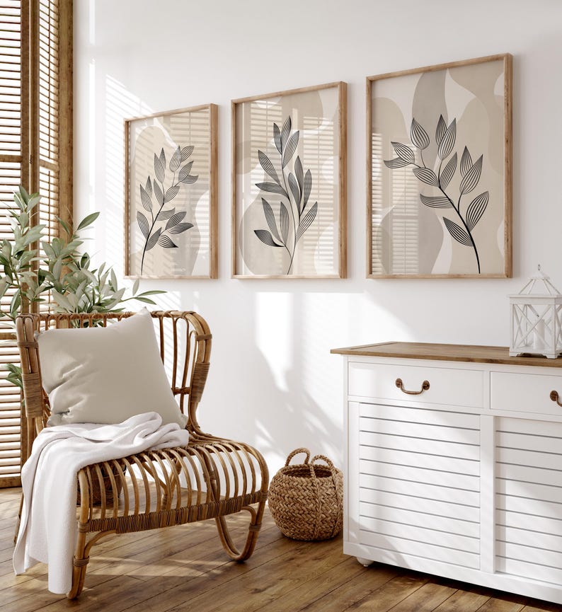 set of 3 Botanical line art abstract hallway wall prints,  plant line art on a beige and white abstract background