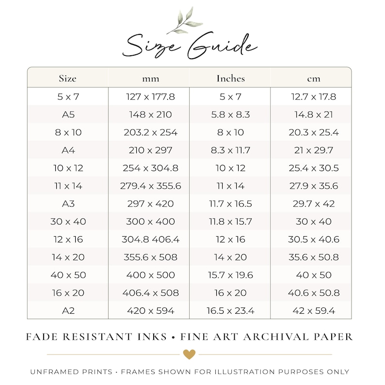 May include: A size guide chart for prints with the heading Size Guide, listing various dimensions in inches, mm, and cm. The text at the bottom reads Fade Resistant Inks, Fine Art Archival Paper, and Unframed Prints, Frames Shown For Illustration Purposes Only.