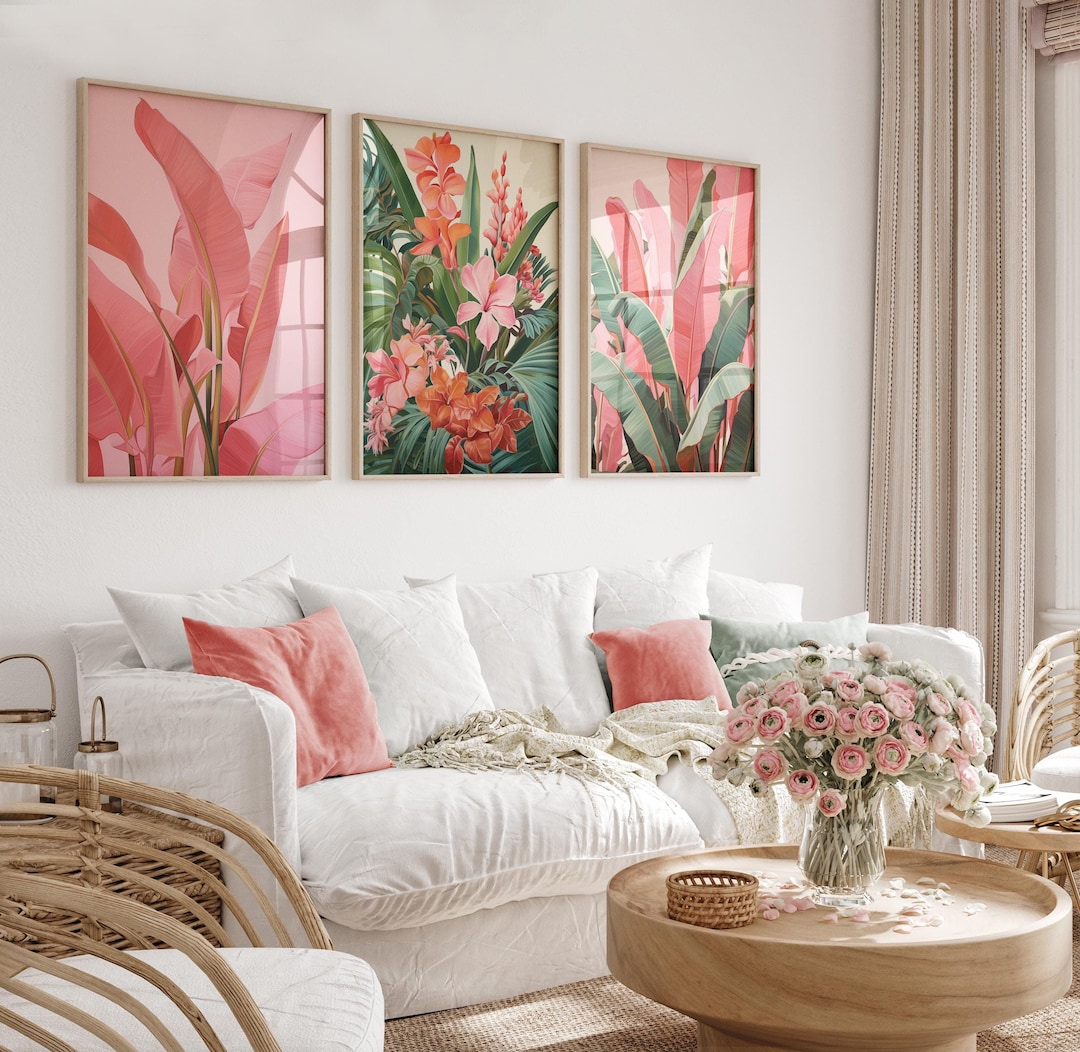 Set of 3 Green & Pink Wall Prints, Pi...