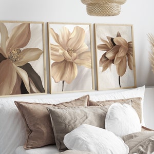Set of 3 brown and beige large abstract flower bedroom wall art prints
