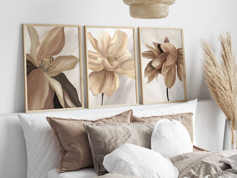 Set of 3 brown and beige large abstract flower bedroom wall art prints