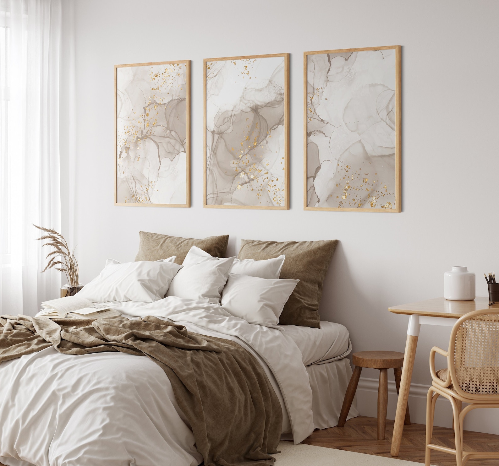 Beige Bedroom Wall Art Prints, Marble Wall Prints, Set of 3 Prints
