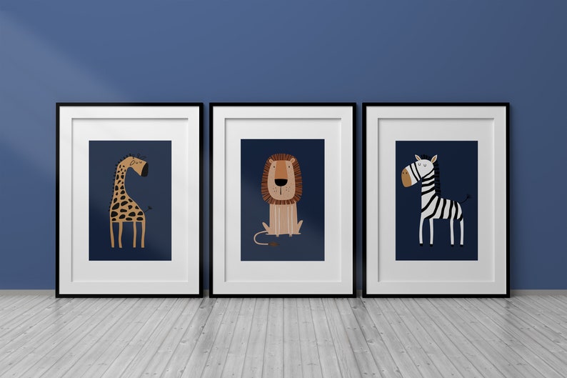 16x20 Printable Art, Safari Nursery Wall Prints, Navy Nursery Prints, Nursery Wall Art, Set of 3 Posters, Digital Download, 16x20 inches image 3