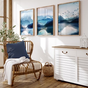 set of 3 blue watercolour abstract landscape hallway wall art prints