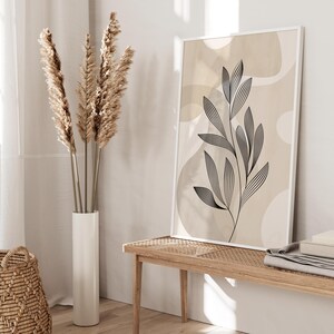 bedroom wall print with a beige abstract shape background and line drawn leaves