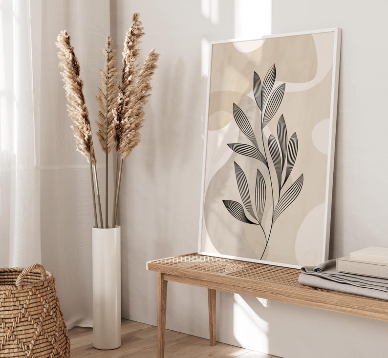 bedroom wall print with a beige abstract shape background and line drawn leaves