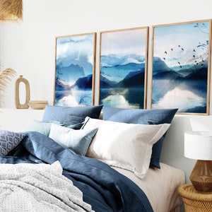 set of 3 vibrant blue watercolour abstract landscape bedroom wall art prints
