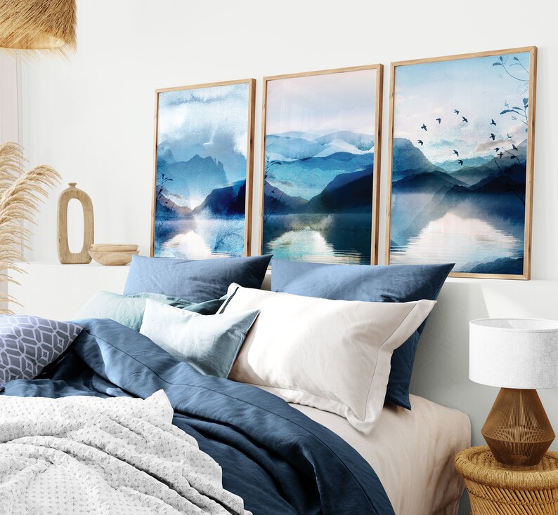 set of 3 vibrant blue watercolour abstract landscape bedroom wall art prints