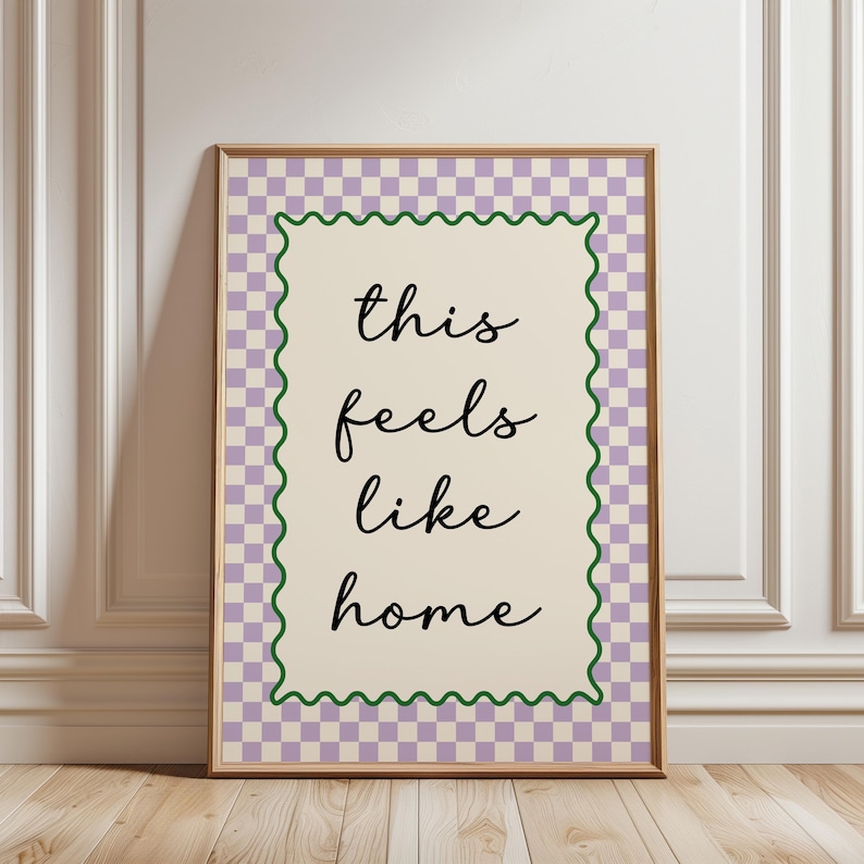 Hallway print, this feels like home quote, with lilac chequered border, funky home decor