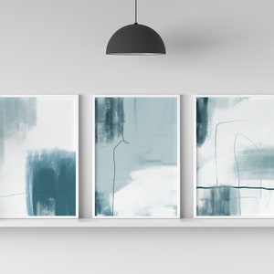 set of 3 duck egg blue colour abstract wall art prints ready to frame