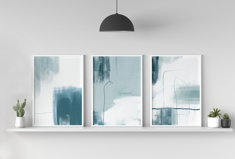set of 3 duck egg blue colour abstract wall art prints ready to frame