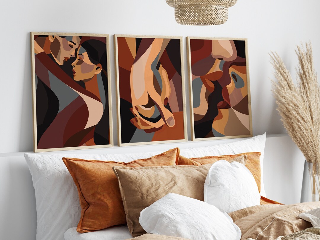 Couple Abstract Design Set of 3 Couples Abstract Art Prints, Burgundy Prints for Bedroom ...