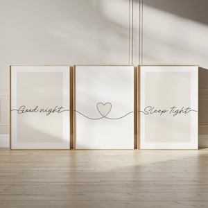 Light beige bedroom prints, "good night, sleep tight" bedtime quotes with line art love heart