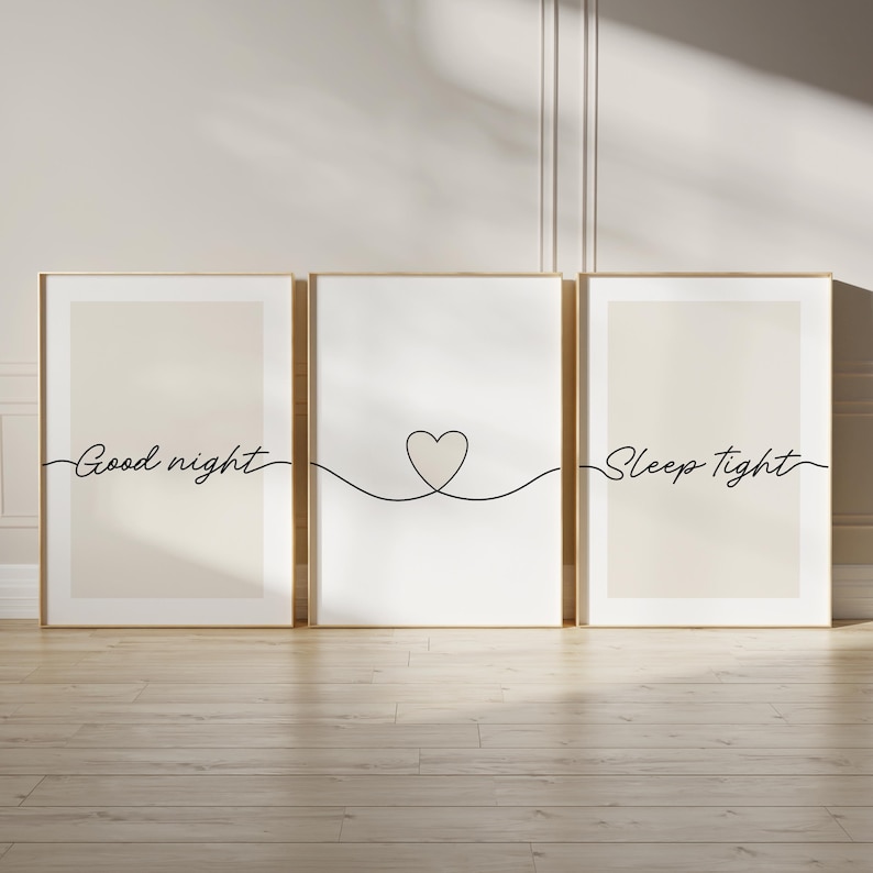 Light beige bedroom prints, "good night, sleep tight" bedtime quotes with line art love heart