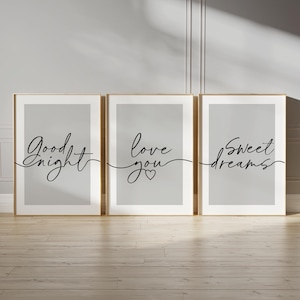 Bedroom prints with bedtime quotes in grey