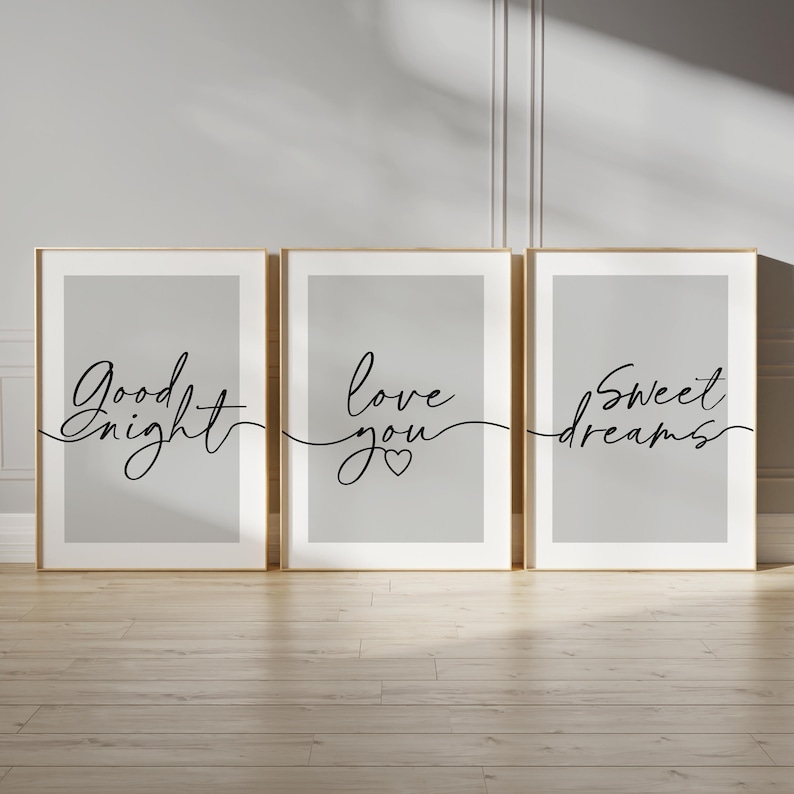 Bedroom prints with bedtime quotes in grey