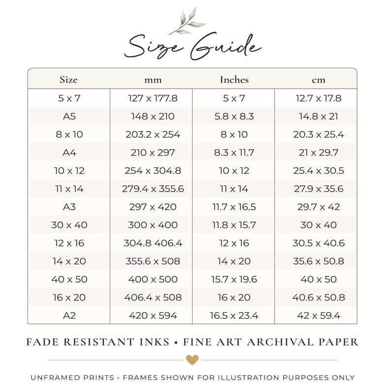 May include: A size guide chart for prints with the heading Size Guide, listing various dimensions in inches, mm, and cm. The text at the bottom reads Fade Resistant Inks, Fine Art Archival Paper, and Unframed Prints, Frames Shown For Illustration Purposes Only.