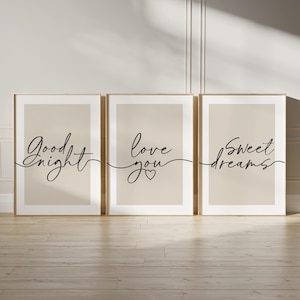 Bedroom prints with bedtime quotes in warm beige