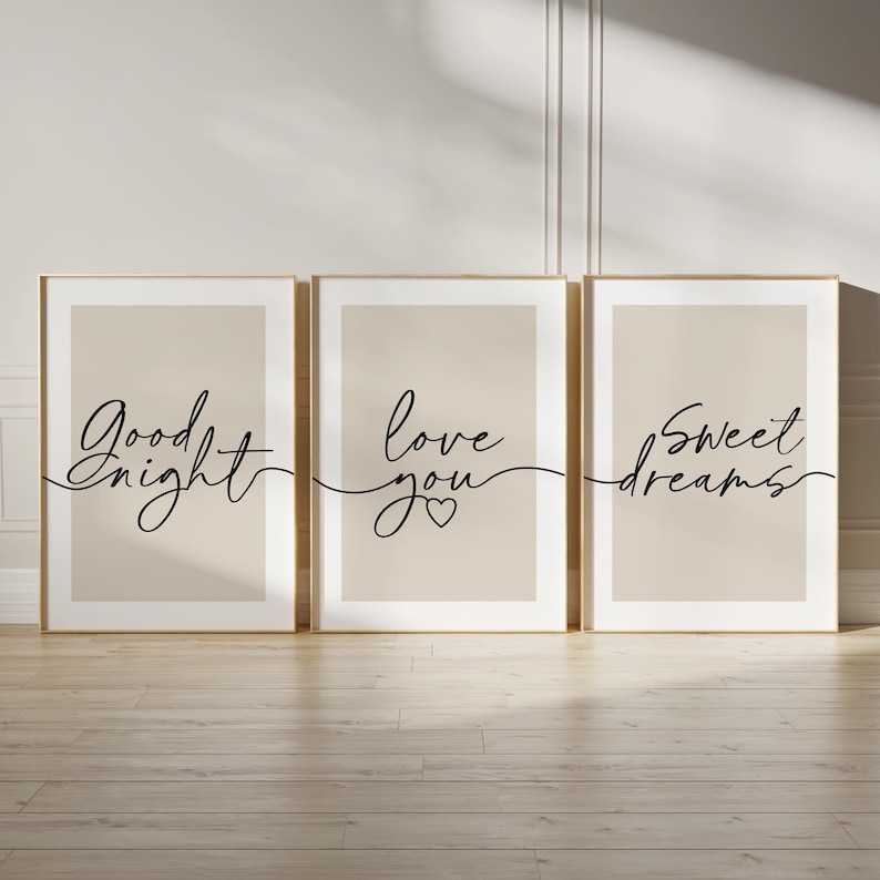 Bedroom prints with bedtime quotes in warm beige