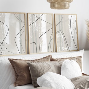 beige and sage green abstract bedroom wall art prints, set of 3