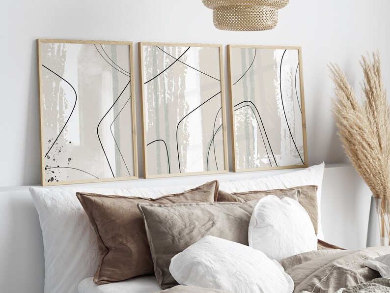 beige and sage green abstract bedroom wall art prints, set of 3