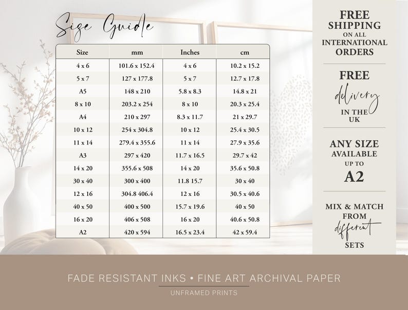 Size guide, also available in the item listing description