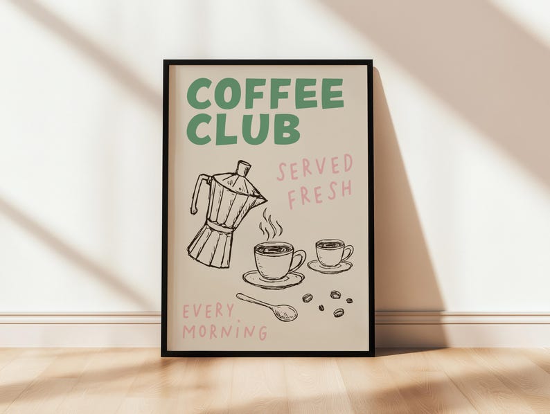 Sage green coffee club kitchen wall art print