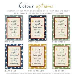 Colour options for boys nursery print. Available in 6 colours. Bedtime quote print