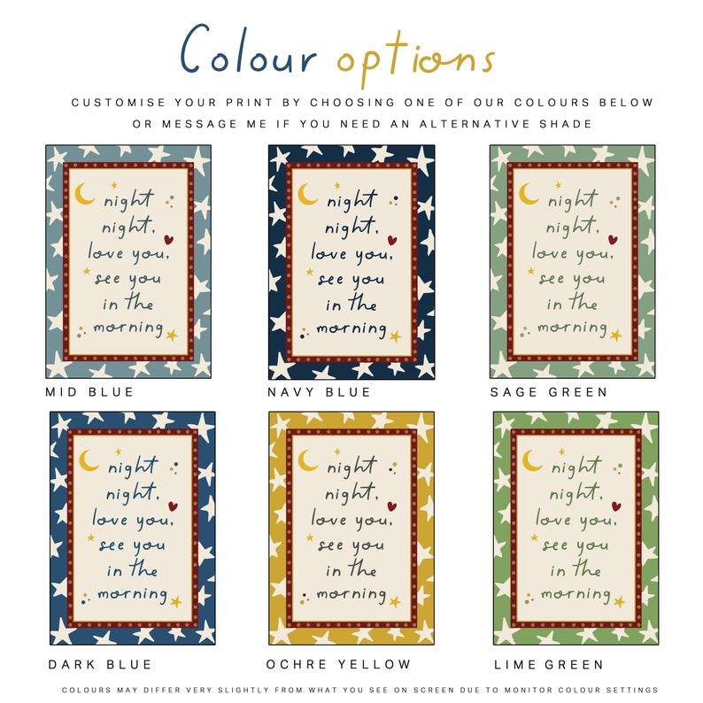 Colour options for boys nursery print. Available in 6 colours. Bedtime quote print