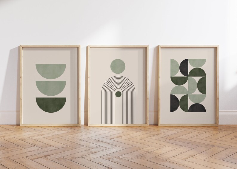 Set of 3 Mid Century Wall Prints, Modern Geometric Wall Art, Sage Green ...
