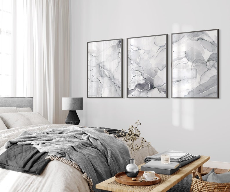 grey and silver marble wall prints set of 3