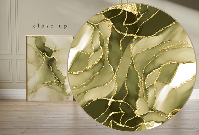 May include: Abstract art print with a green and gold marble design. The print features swirling patterns and gold glitter accents.