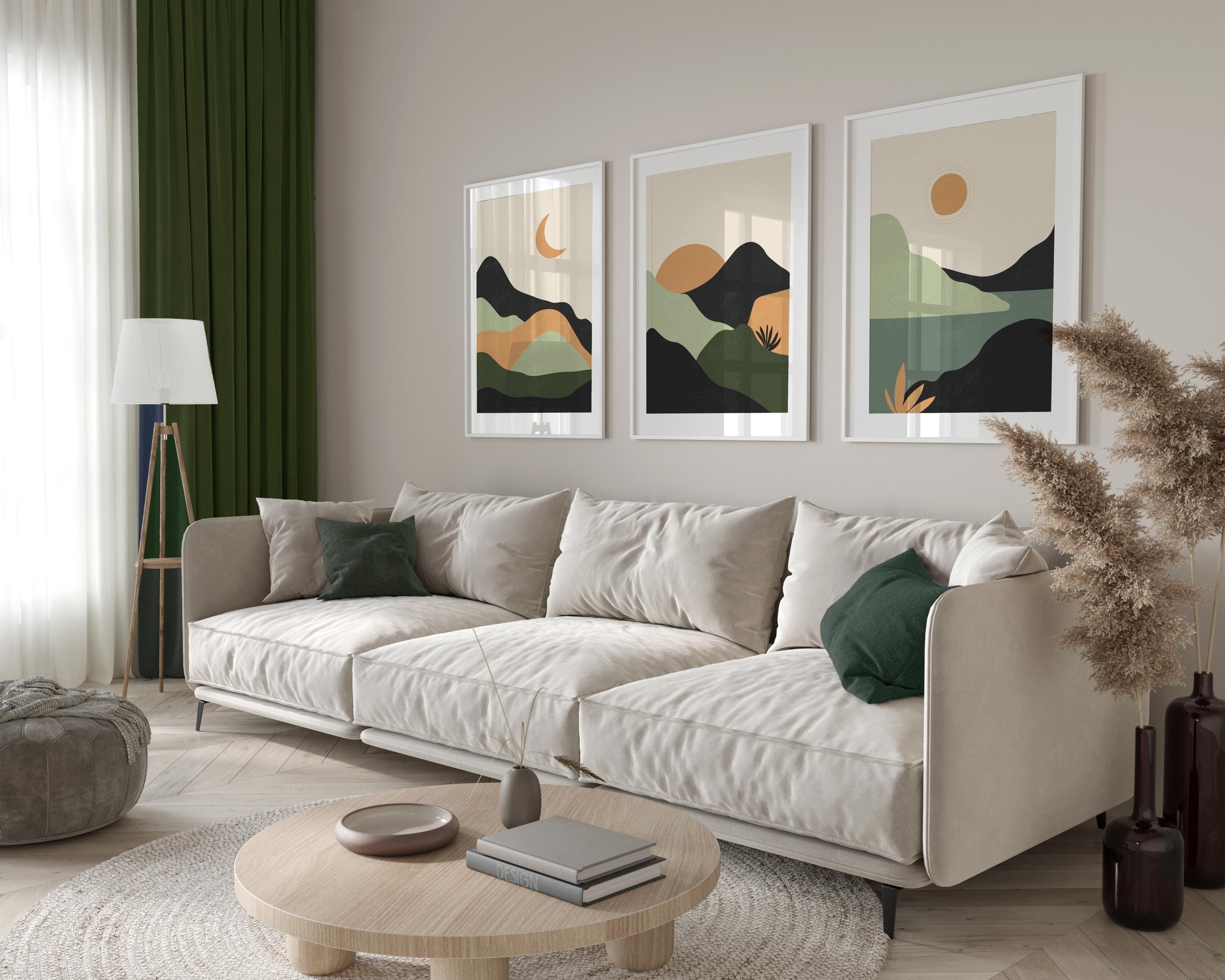Boho Landscape Wall Art Prints, Green Wall Prints, Set of 3 Wall Prints ...