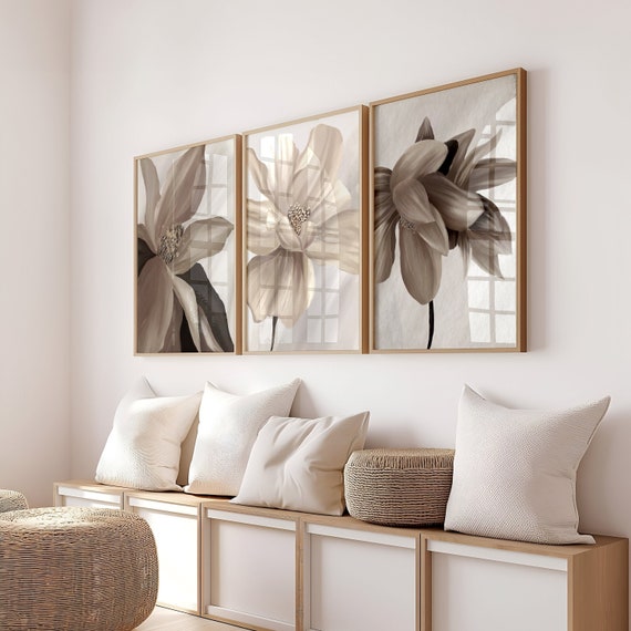 Neutral Wall Prints, Botanical Wall Prints, Floral Wall Prints, Set of 3 Wall Prints, Neutral, Wall Decor, Taupe, Beige, Cream, Giclée Print