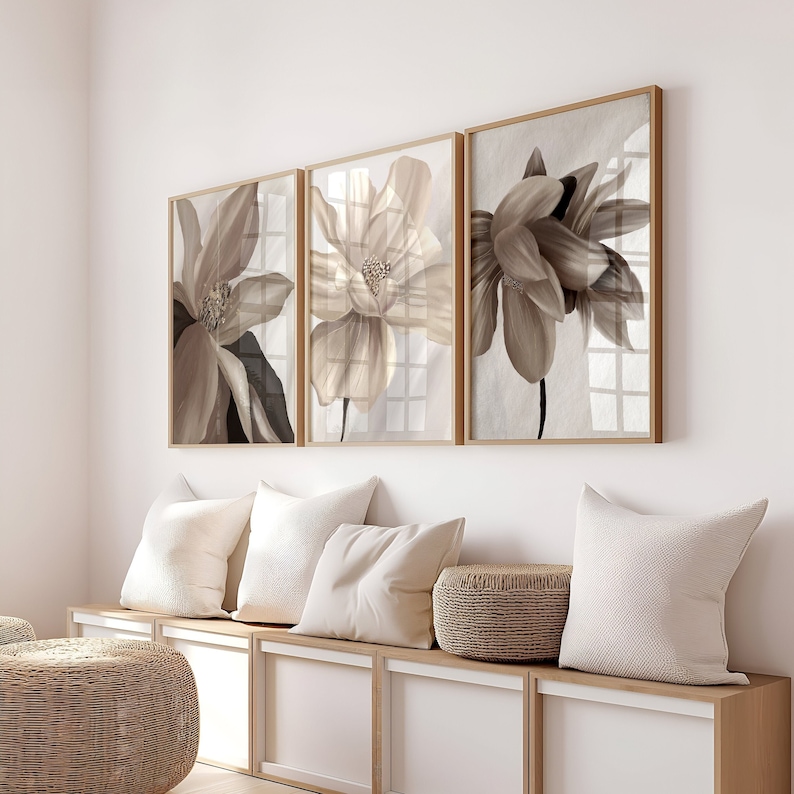 taupe floral wall art print set