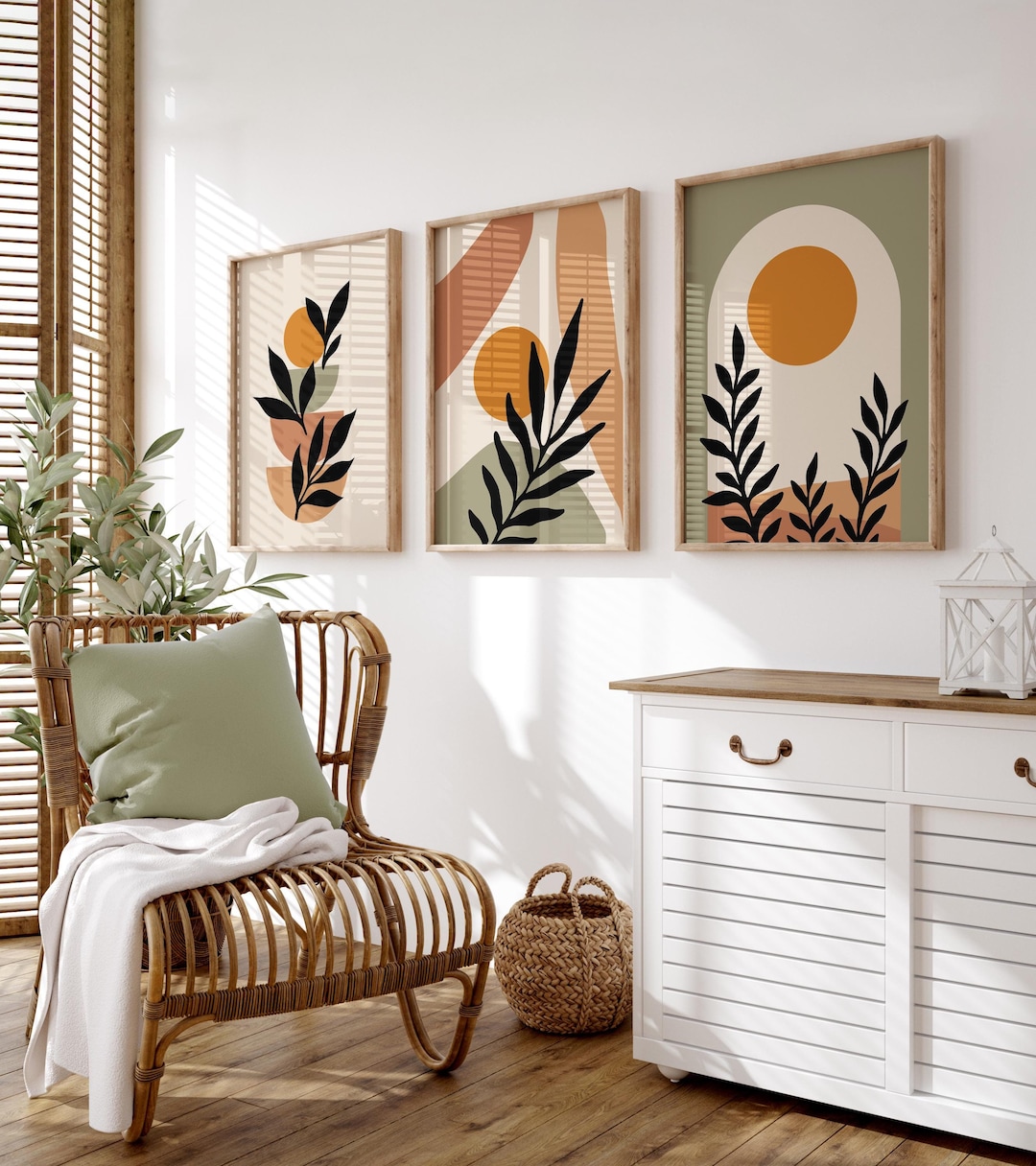3 stuks ingelijste canvas wandkunst, saliegroen, boho minimalistisch abstract geometrisch, beige, groen, foto's voor woonkamer, slaapkamer, muurdecoratie, totaal 90 x 40 cm (geen plexiglas