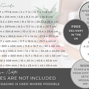 May include: Size guide for prints with measurements in inches and centimeters.  The text reads "Frames are not included. Eco packaging is used where possible."