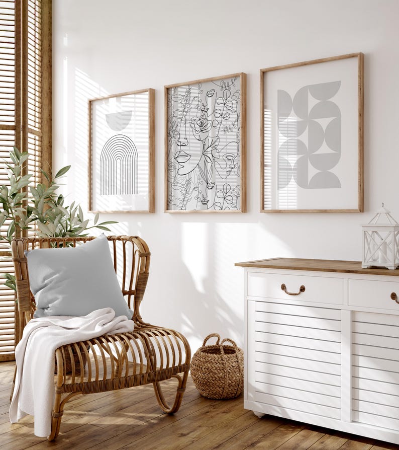 set of 3 grey boho wall art prints