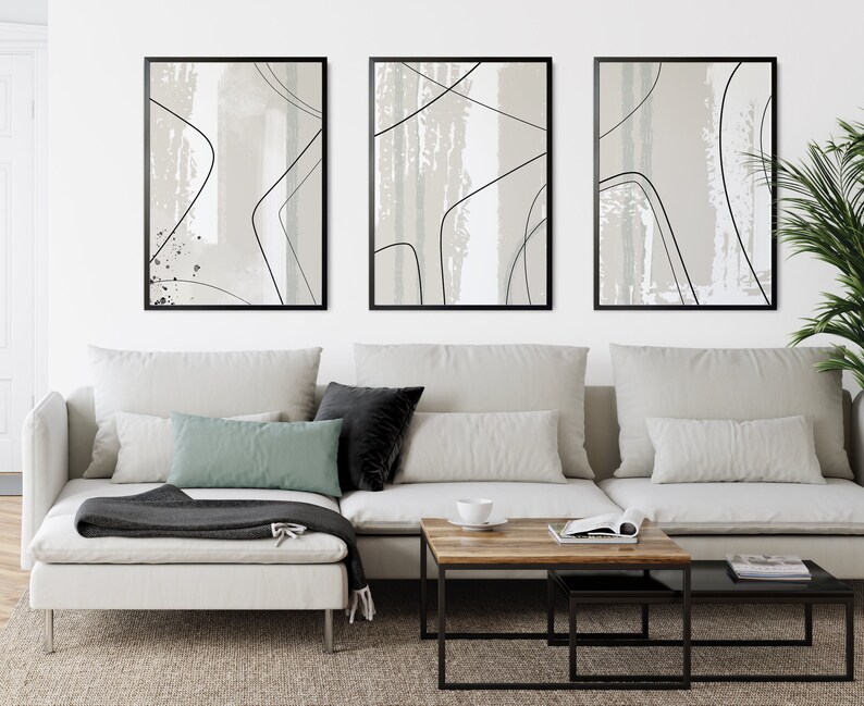 beige and sage green abstract wall art prints, set of 3