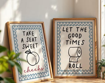 Blue Wall Art, Bathroom Prints, Set of 2 Prints, Toilet Print, Funny Bathroom Print, Toilet Quote, Wall Art, Bathroom Decor, Home Decor