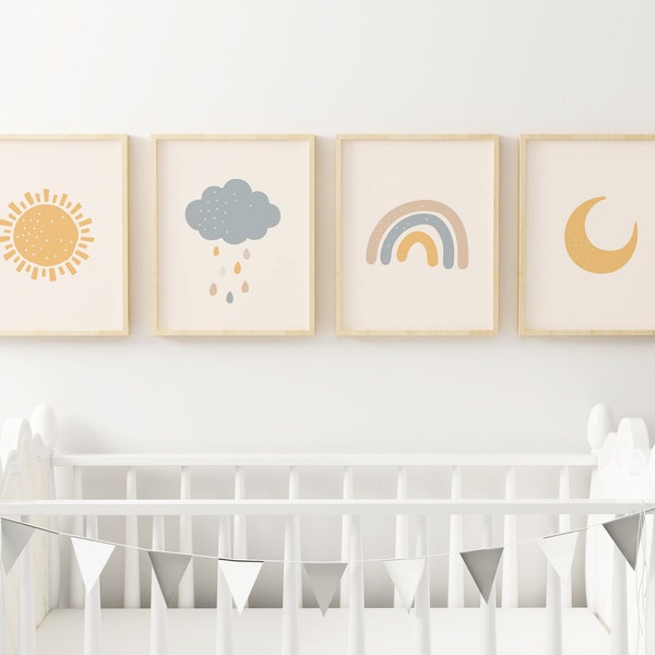 Boho Nursery Wall Prints, Sunshine Nursery Print, Rainbow Nursery Print, Baby Nursery Wall Art, Neutral Nursery Decor, Kids Prints, Set of 4