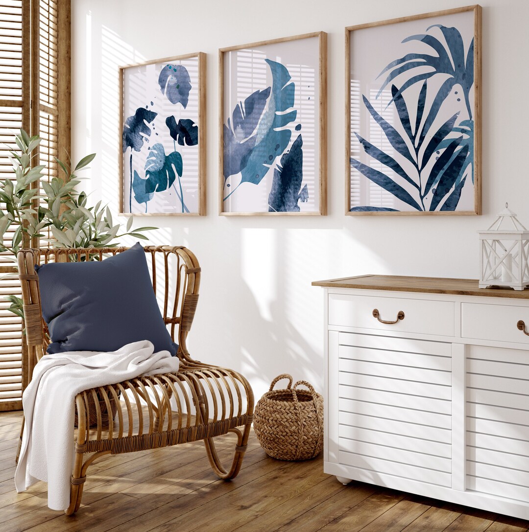 Set of 3 Wall Prints, Leaf Abstract Art, Blue Wall Prints, Blue Wall ...