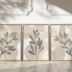 set of 3 plant line art abstract wall prints,  plant line art on a beige and white abstract background