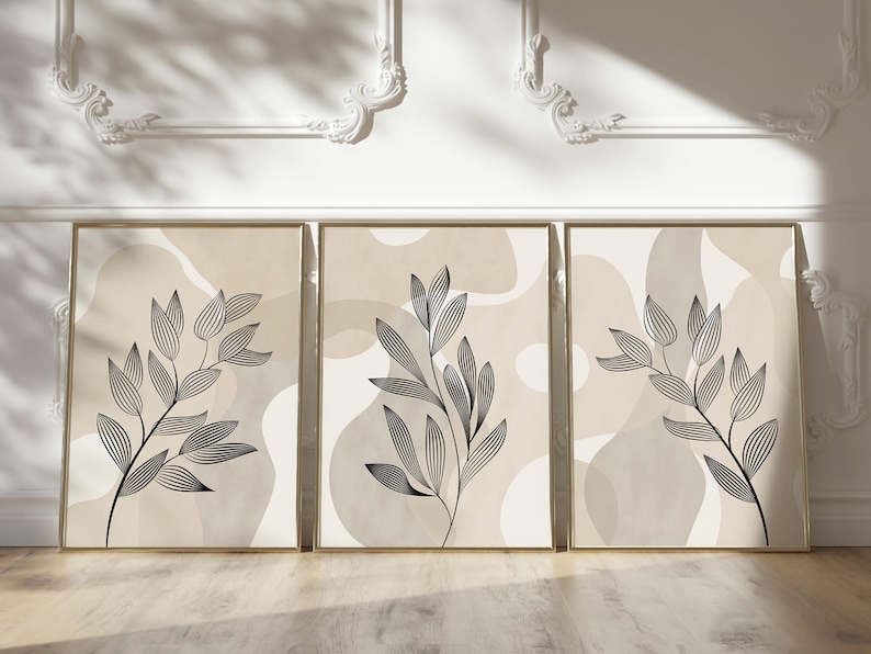 set of 3 plant line art abstract wall prints,  plant line art on a beige and white abstract background