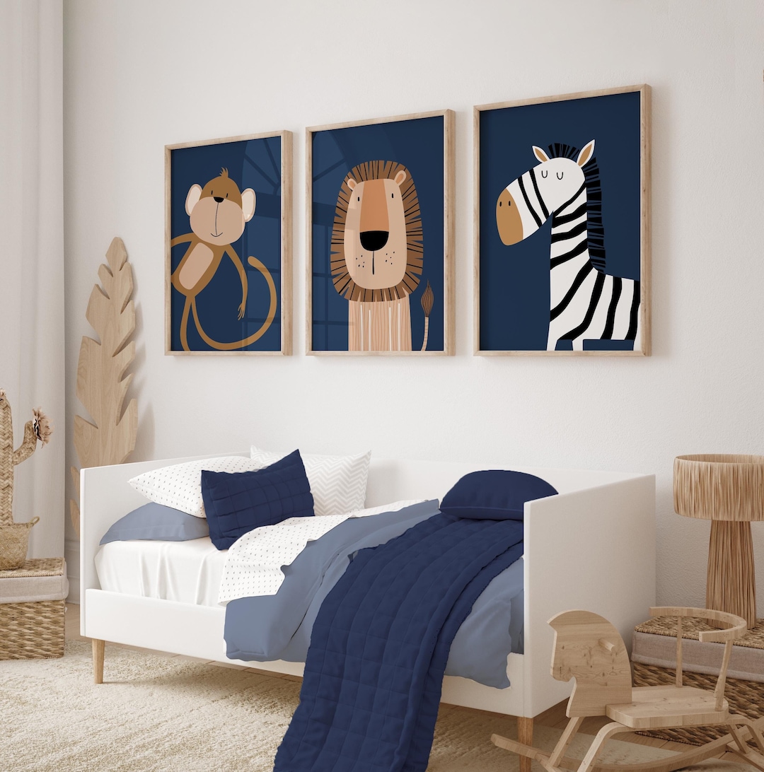 Set of 3 Navy Blue Nursery Wall Prints, Safari Animal Nursery Prints ...