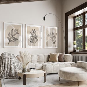 set of 3 Botanical line art abstract living room wall prints,  plant line art on a beige and white abstract background ready to frame
