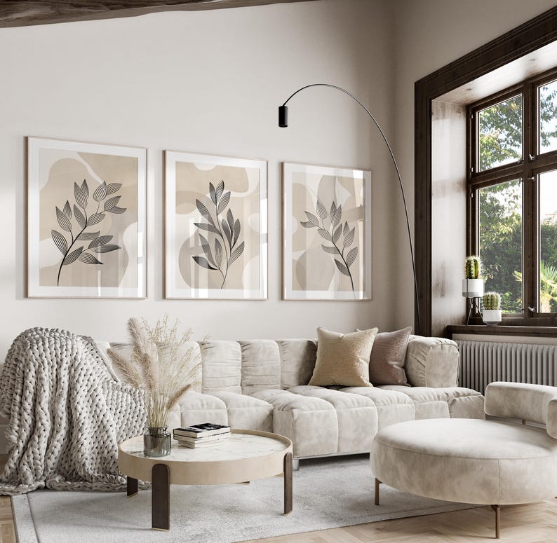 set of 3 Botanical line art abstract living room wall prints,  plant line art on a beige and white abstract background ready to frame