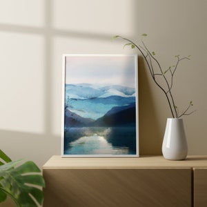 blue watercolour abstract print of landscape