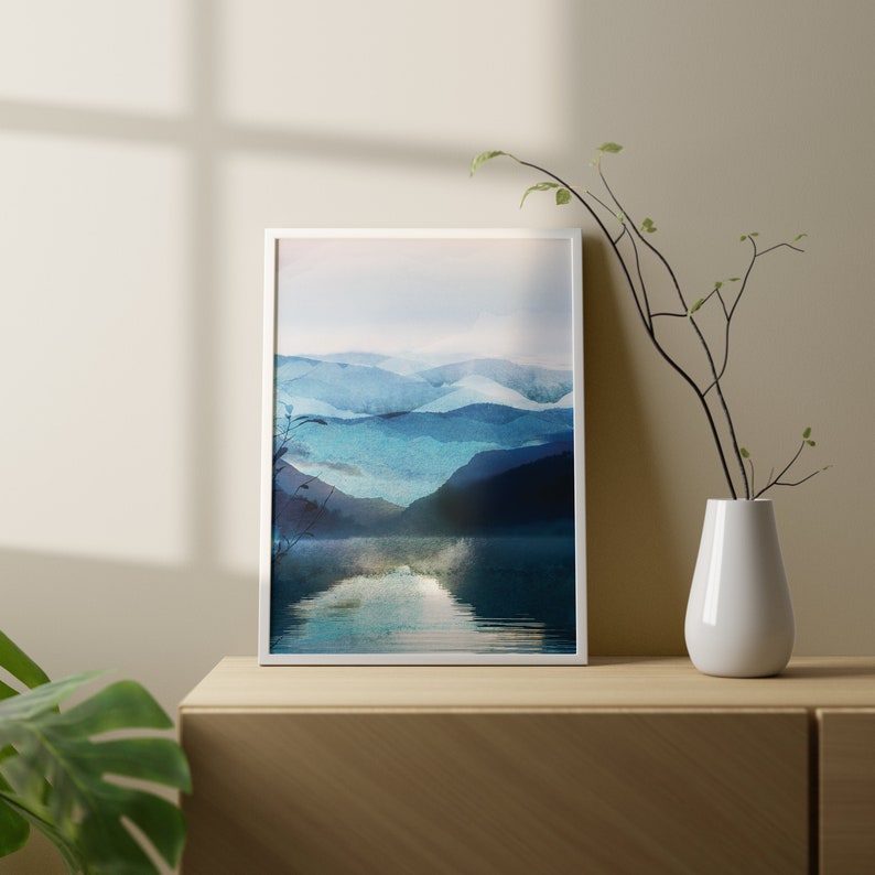blue watercolour abstract print of landscape